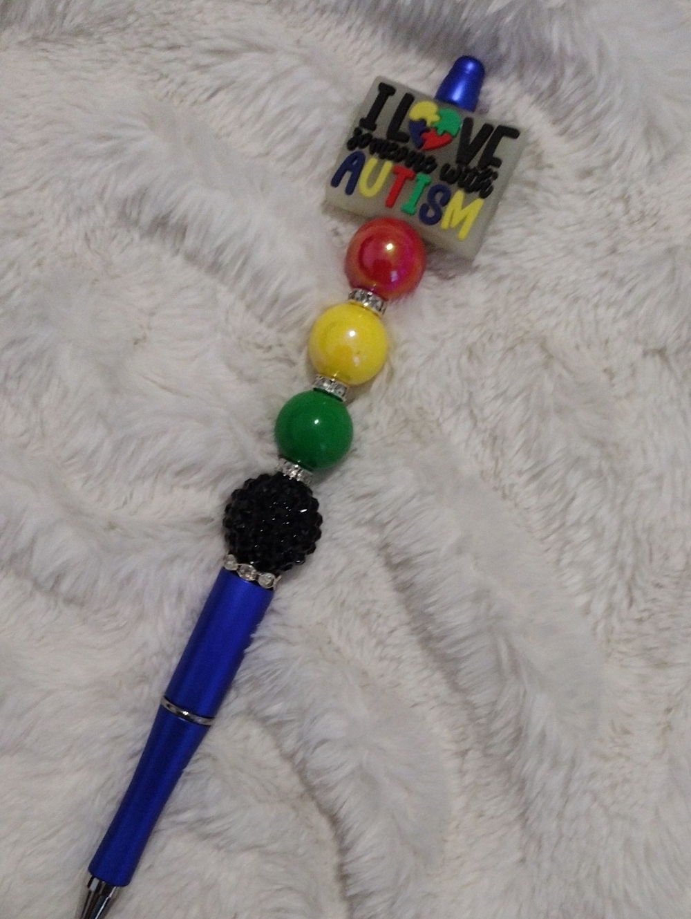 Tall Blue Beaded Pen with Autism Awareness Charm
